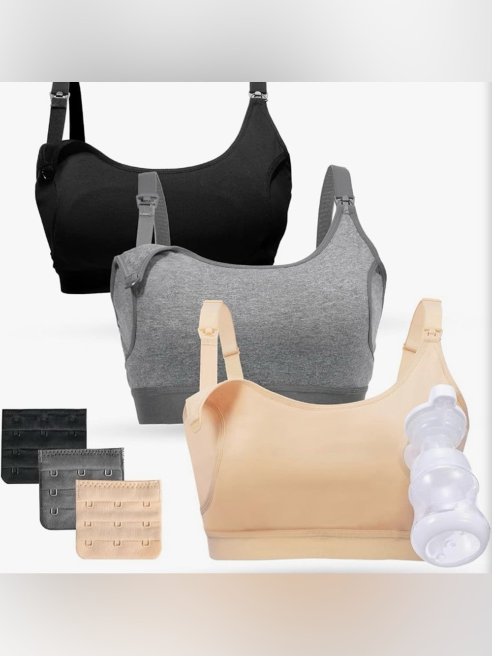Momcozy Hands Free Pumping & Nursing Bra Bundle 3 Pack Large Black Gray Nude